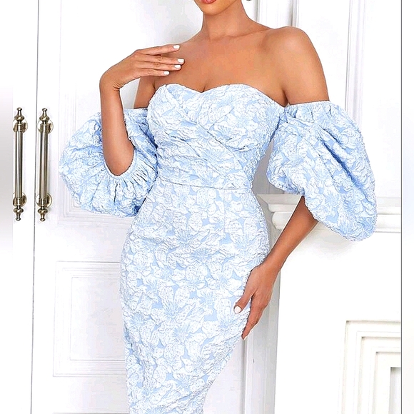 New Luxe Textured Floral Puffed Sleeve Dress Midi Off Shoulder Light Blue - Picture 5 of 10
